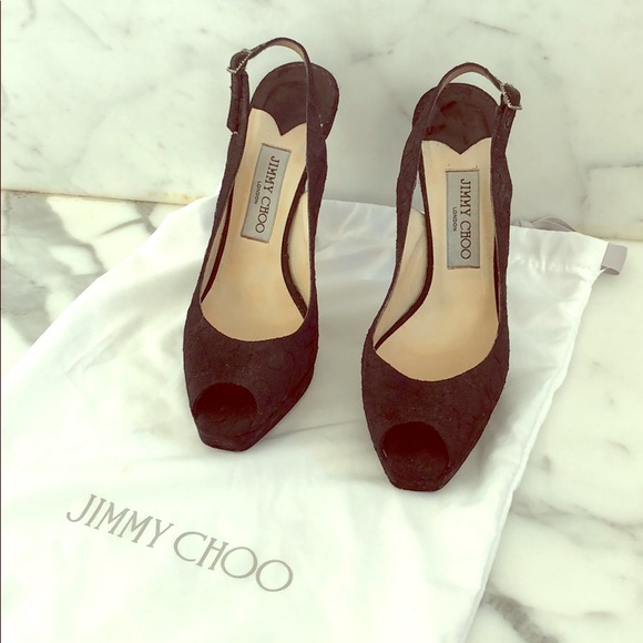 Jimmy Choo Black Lace Peep Toe heels- size 37 - Picture 1 of 4